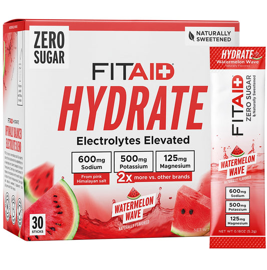 LIFEAID FITAID Hydrate Clean Electrolyte Mix, Zero Sugar, Balanced Electrolyte Ratios: 600mg Sodium, 500mg Potassium, 125mg Magnesium, Watermelon Wave, for Exercise & Active Hydration, 30 Sticks