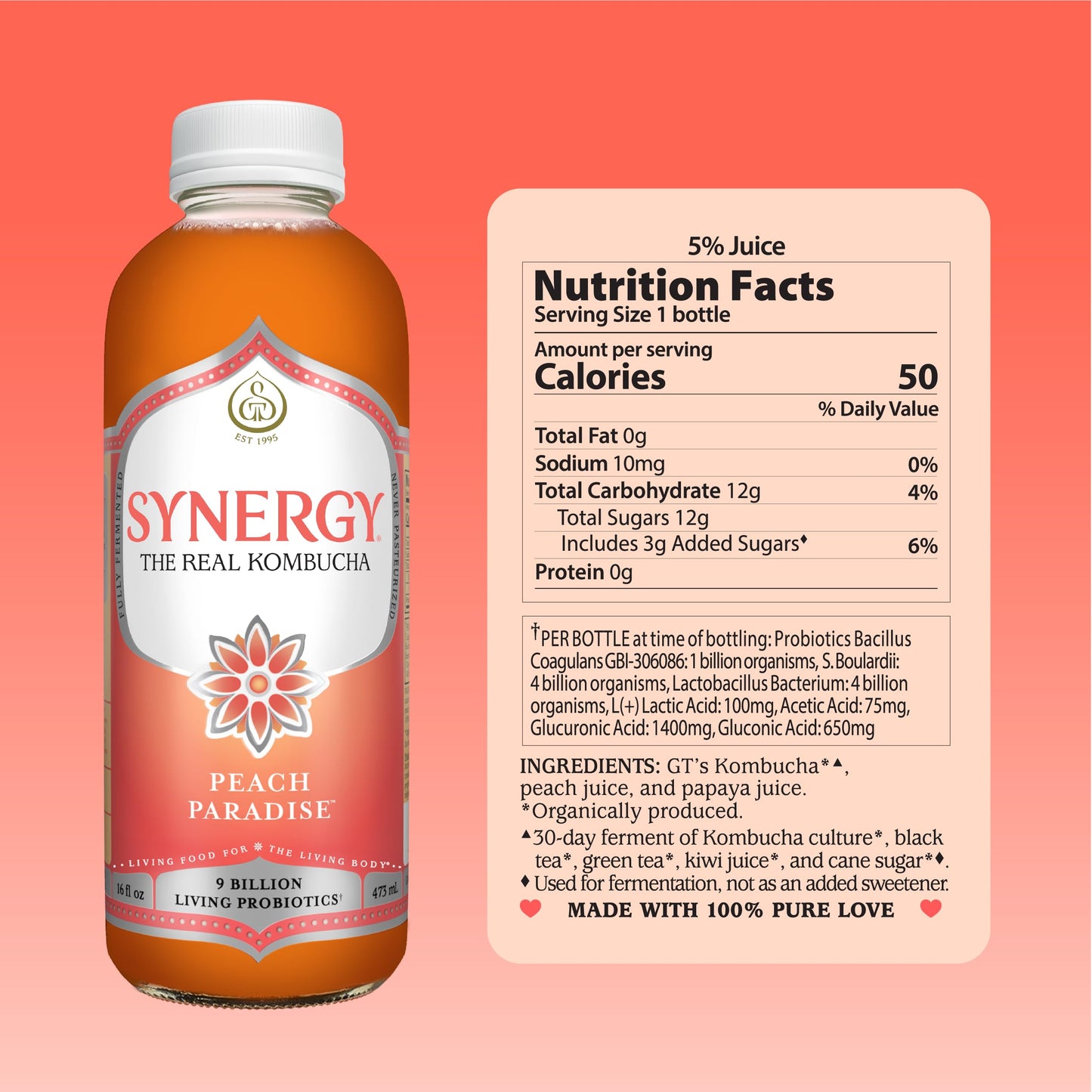SYNERGY The Real Kombucha - Peach Paradise - 16 fl oz Bottle - Raw Probiotic Drink for Gut Health and Immune Support