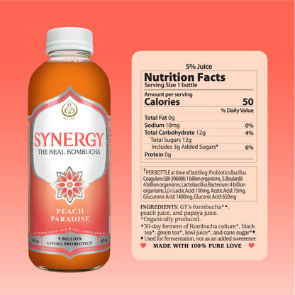 SYNERGY The Real Kombucha - Peach Paradise - 16 fl oz Bottle - Raw Probiotic Drink for Gut Health and Immune Support