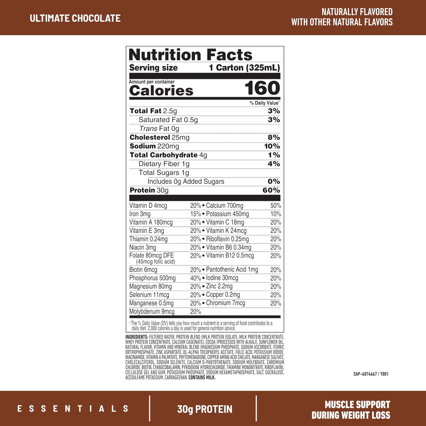 SlimFast Essentials 30g Protein Shake Chocolate, Protein Shakes Ready to Drink, Muscle Support, 1g Sugar, 25 Vitamins and Minerals, 3g Net Carbs, Ultimate Chocolate, 12 Count