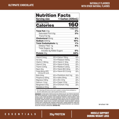 SlimFast Essentials 30g Protein Shake Chocolate, Protein Shakes Ready to Drink, Muscle Support, 1g Sugar, 25 Vitamins and Minerals, 3g Net Carbs, Ultimate Chocolate, 12 Count