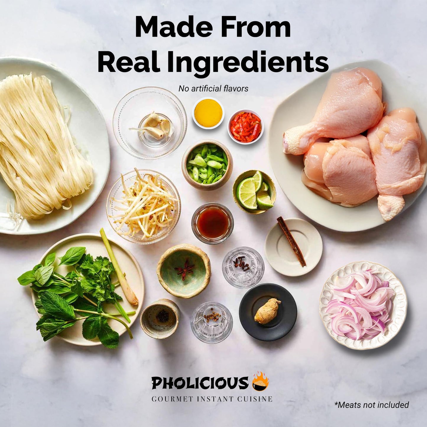 PhoLicious Instant Chicken Pho, Authentic Vietnamese Rice Noodle Soup Kit with Spices & Broth Mix, Ramen Noodles Alternative, Quick Microwave Meal - Pho Noodles Bowl - Chicken Flavor (4 Pack)