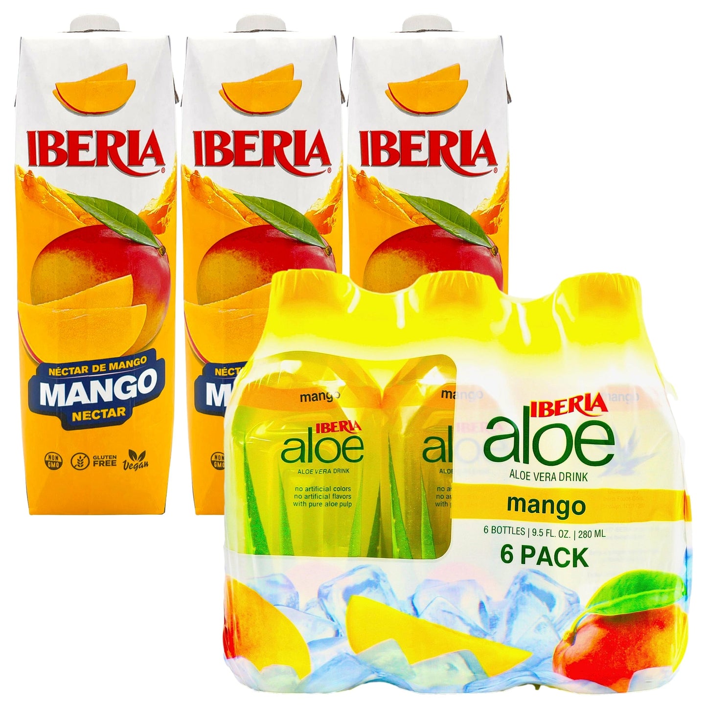 Iberia Mango Nectar, 33.8 fl. oz., (Pack of 3) + Iberia Aloe Vera Drink with Pulp 9.5 fl oz, Mango (Pack of 6)