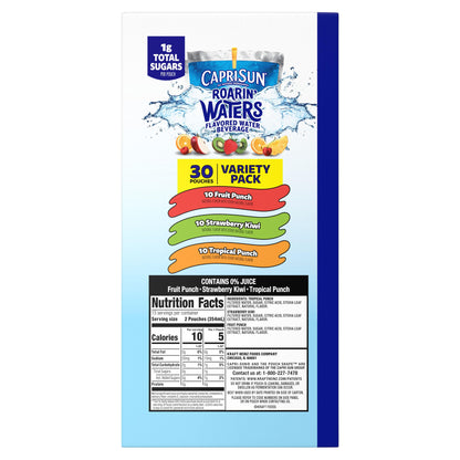 Capri Sun Roarin' Waters Flavored with Other Natural Flavor Water Beverage, 30 Pouches, for School Lunches and On-the-Go Hydration, Fruit Punch, Strawberry Kiwi and Tropical Punch, 6 fl oz