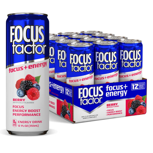 Focus Factor Energy Drink - 12 x 355ml Cans (Berry Flavour) - with Focus + Energy - Lightly Carbonated, Sugar Free, Low Calorie with Vitamin B6 & Vitamin B12