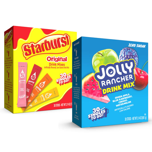Jolly Rancher & Starburst Drink Mix Variety Bundle – 60 Singles to Go Powdered Drink Mix Sticks – Zero Sugar, Low Calorie Water Flavoring Packets – 4 Classic Flavors Each