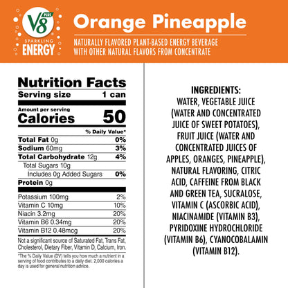 V8 +Energy Sparkling Orange Pineapple Juice Energy Drink, 11.5 fl oz Can (12 Pack)