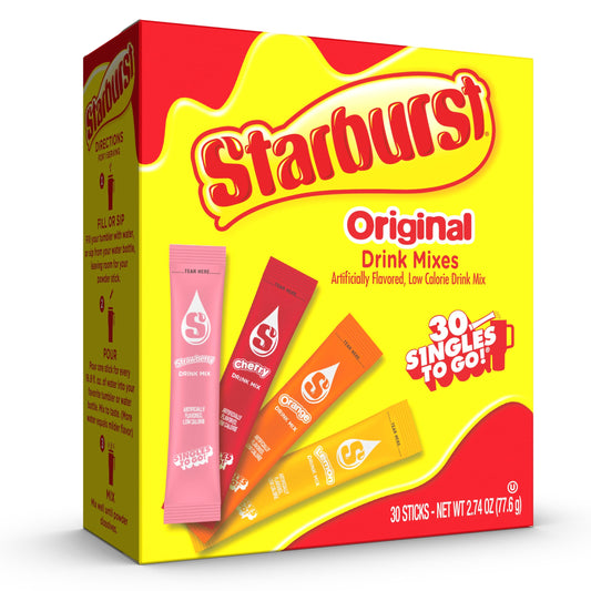 Starburst Singles to Go Variety Pack, Watertok Powdered Drink Mix, Includes 4 Flavors, Strawberry, Cherry, Orange And Lemon 1 Box (30 Servings), Pack of 6
