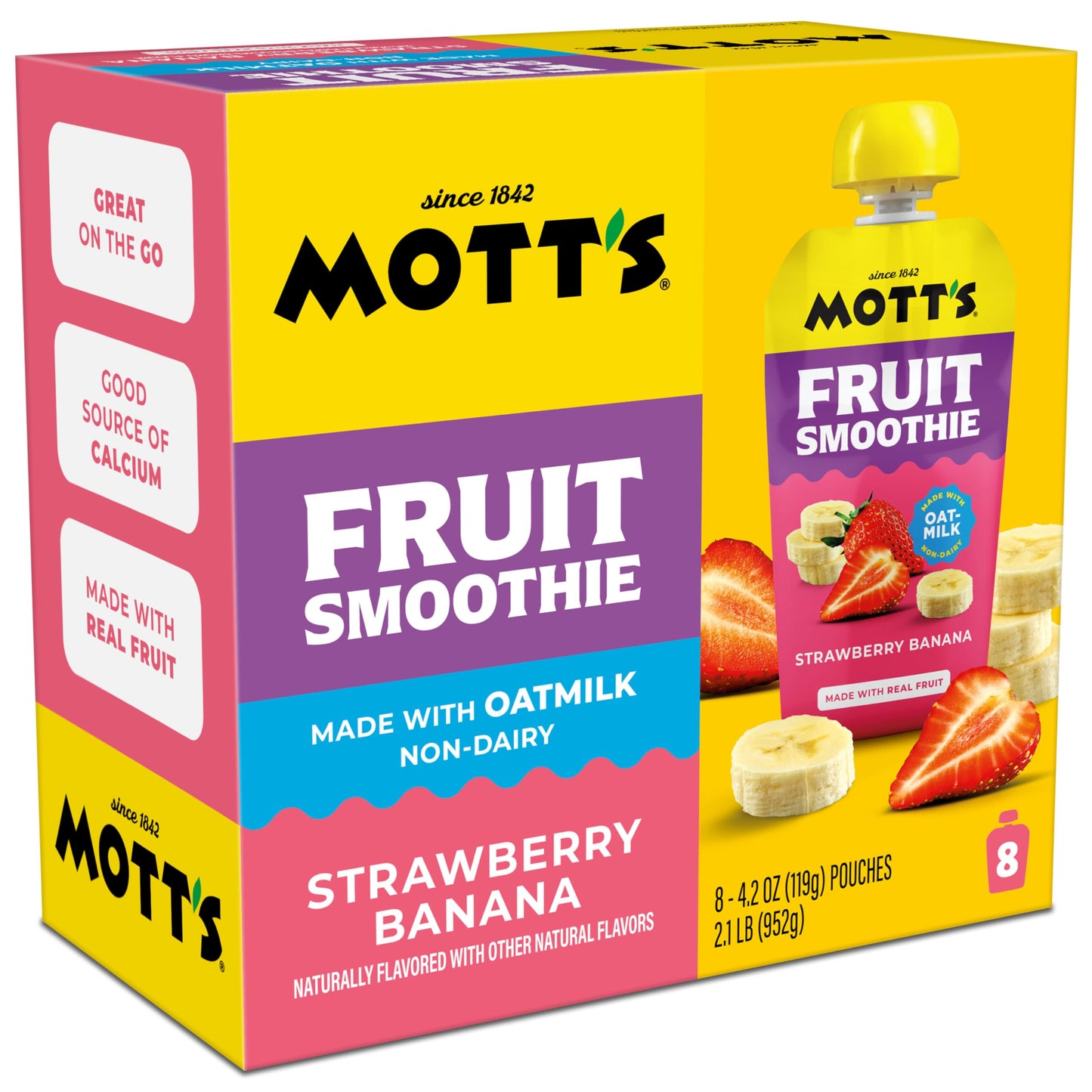 Mott’s Fruit Smoothies Strawberry Banana, 4.2 oz clear pouches, 8 Pack, Non-dairy, Made With Oatmilk, Made With Real Fruit, Good Source of Calcium, On-the-Go