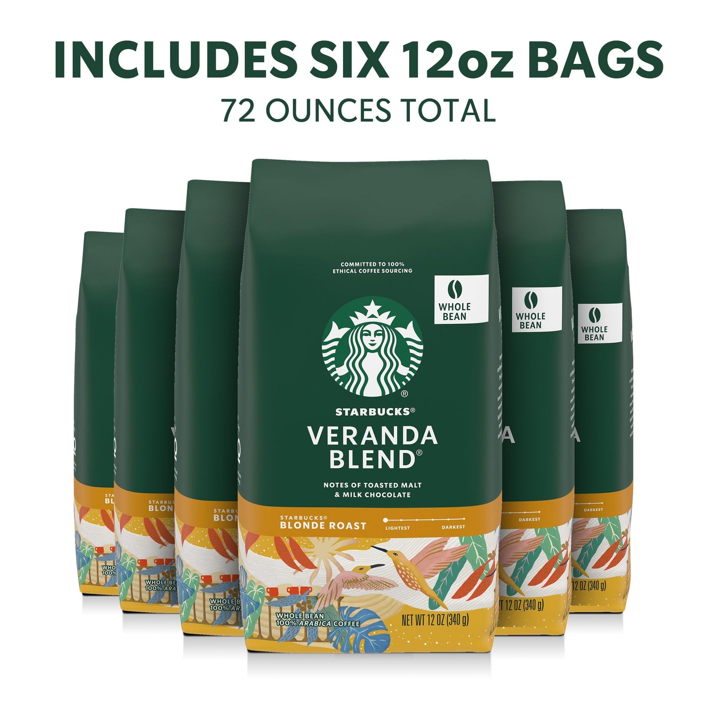 Starbucks Whole Coffee Beans, Starbucks Blonde Roast Hot or Iced Coffee, Veranda Blend, Six 12 oz Bags