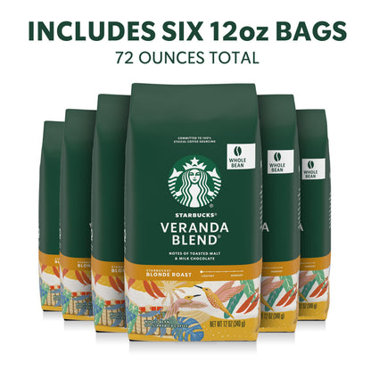 Starbucks Whole Coffee Beans, Starbucks Blonde Roast Hot or Iced Coffee, Veranda Blend, Six 12 oz Bags