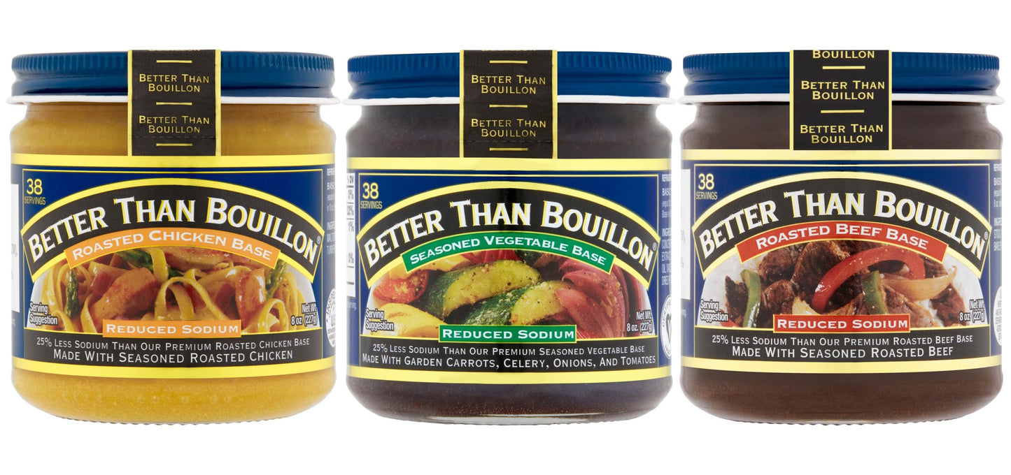Better Than Bouillon Brand, Reduced Sodium Variety Pack with 1 Chicken Base, 1 Beef Base and 1 Vegetable Base, 8 Ounce Jars (Pack of 3)