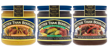 Better Than Bouillon Brand, Reduced Sodium Variety Pack with 1 Chicken Base, 1 Beef Base and 1 Vegetable Base, 8 Ounce Jars (Pack of 3)