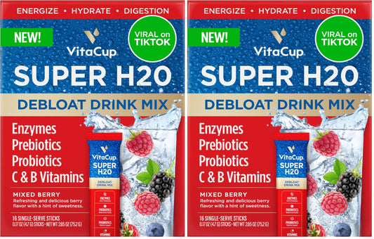 VitaCup Super H2O Bloating Relief and Digestive Health Drink Mix Packets, Probiotics, Prebiotics, C & B Vitamins, Mixed Berry Flavor Water Enhancer Packets, 16Ct (Pack of 2)