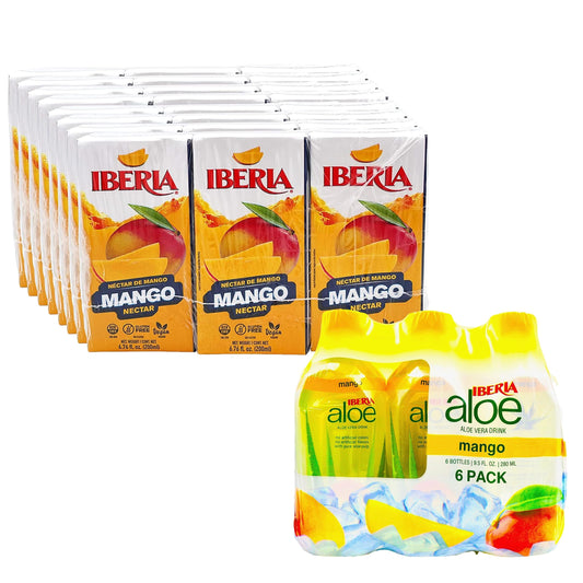 Iberia Mango Nectar, 6.8 fl oz (Pack of 24) + Iberia Aloe Vera Drink with Pulp 9.5 fl oz, Mango (Pack of 6)