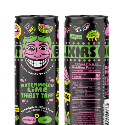 Illicit Elixirs - Sparkling Juice Mocktails with Real Fruit Juices and Functional Amino Acid Blend that Supports Dopamine Production - Non-Alcoholic & Caffeine Free (12 Pack, Watermelon Thirst Trap)