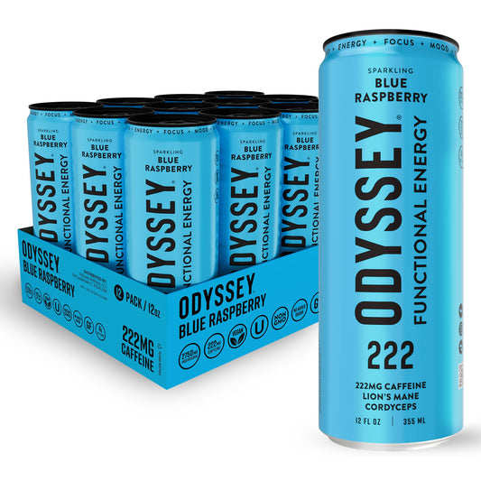 Odyssey Functional Energy Drink for Focus, Cognition & Mood Support 12 Pack - Adaptopgenic Drink with 222mg Green Tea Caffeine, Lion’s Mane, Cordyceps, L-Theanine & Ginseng - Sparkling Blue Raspberry