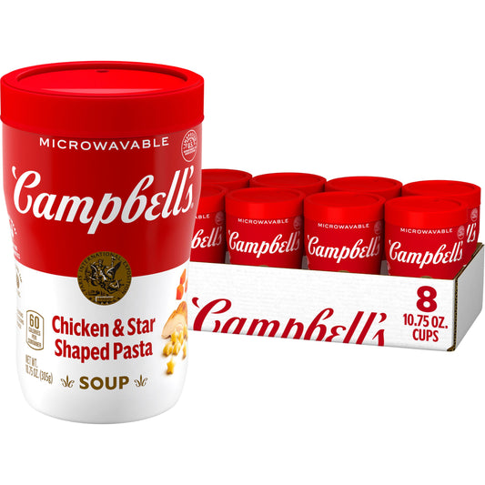 Campbell’s Sipping Soup, Chicken Soup With Star-Shaped Pasta, 10.75 oz Microwavable Cup (8 Pack)