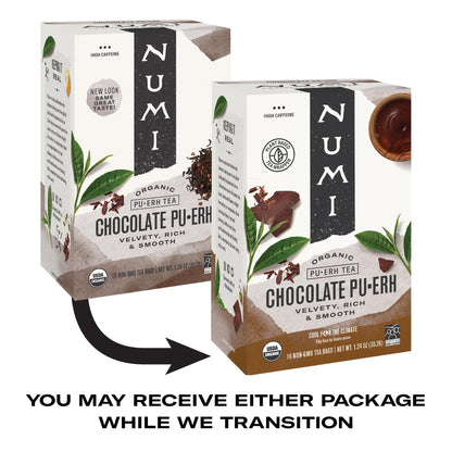 Numi Organic Chocolate Pu-erh Tea, 16 Dark Tea Bags, Aged Yunnan Pu-erh Tea with Cocoa