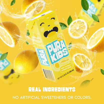 PURA Kids Box | Lemonade Fruit extract infused Drink for kids | 8g Pure Cane Sugar | Non-GMO | Vegan, No Artificial Sweeteners | Best Lunchbox Beverage with Paper Straw | 6.76 fl oz (200ml), Pack of 6