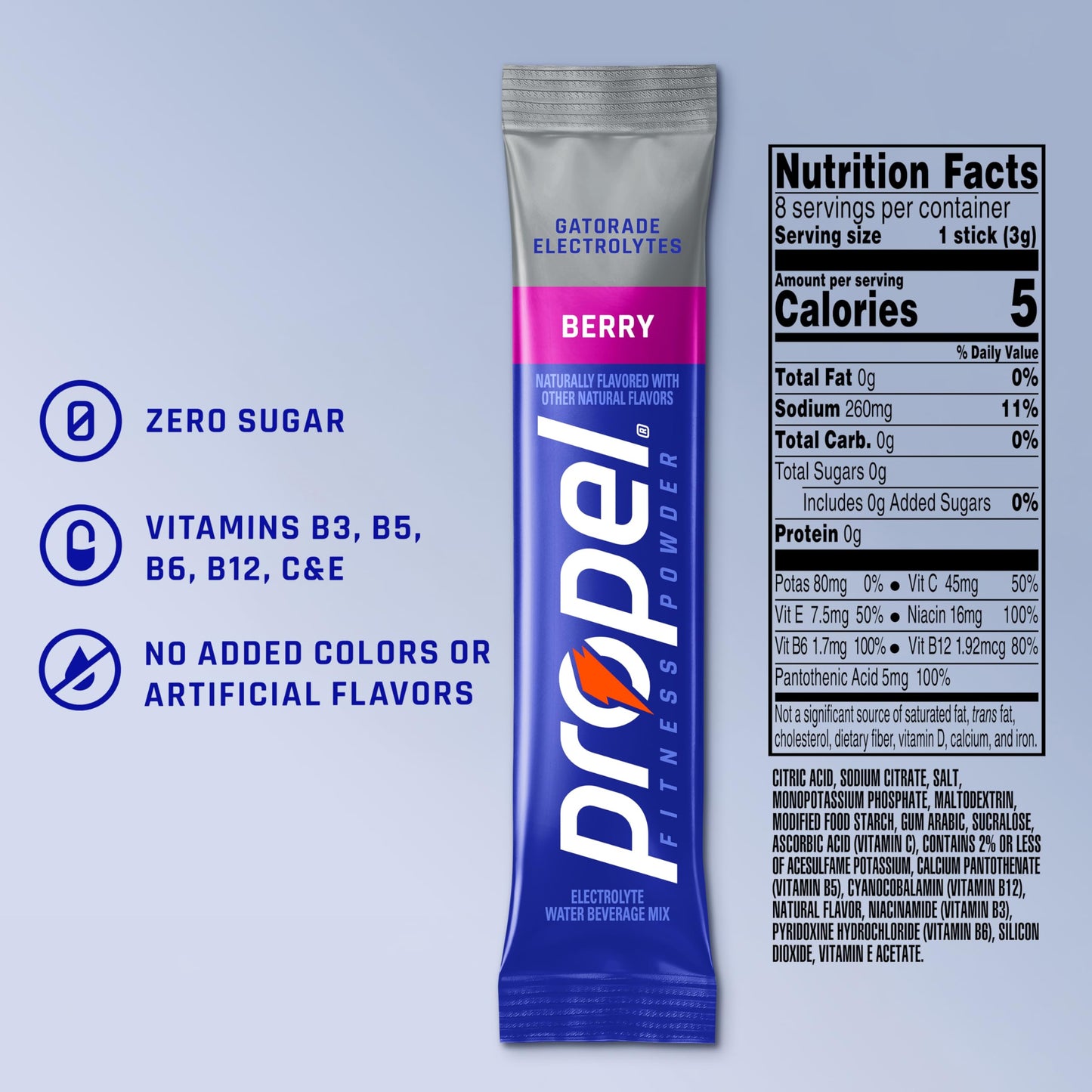 Propel Electrolyte Powder Drink Mix, Berry, (32 Servings), Zero Sugar, Enhanced Water Beverage, Gatorade Electrolytes, Vitamins, No Added Colors, No Artificial Flavors, Hydration
