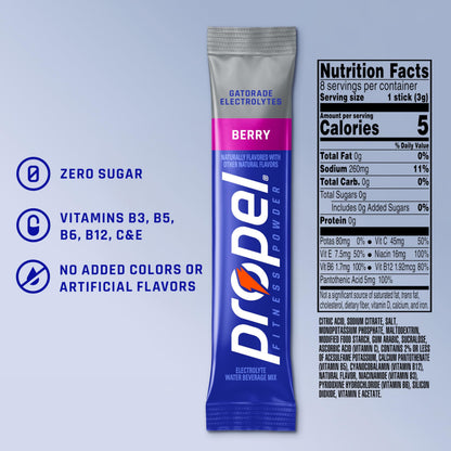 Propel Electrolyte Powder Drink Mix, Berry, (32 Servings), Zero Sugar, Enhanced Water Beverage, Gatorade Electrolytes, Vitamins, No Added Colors, No Artificial Flavors, Hydration