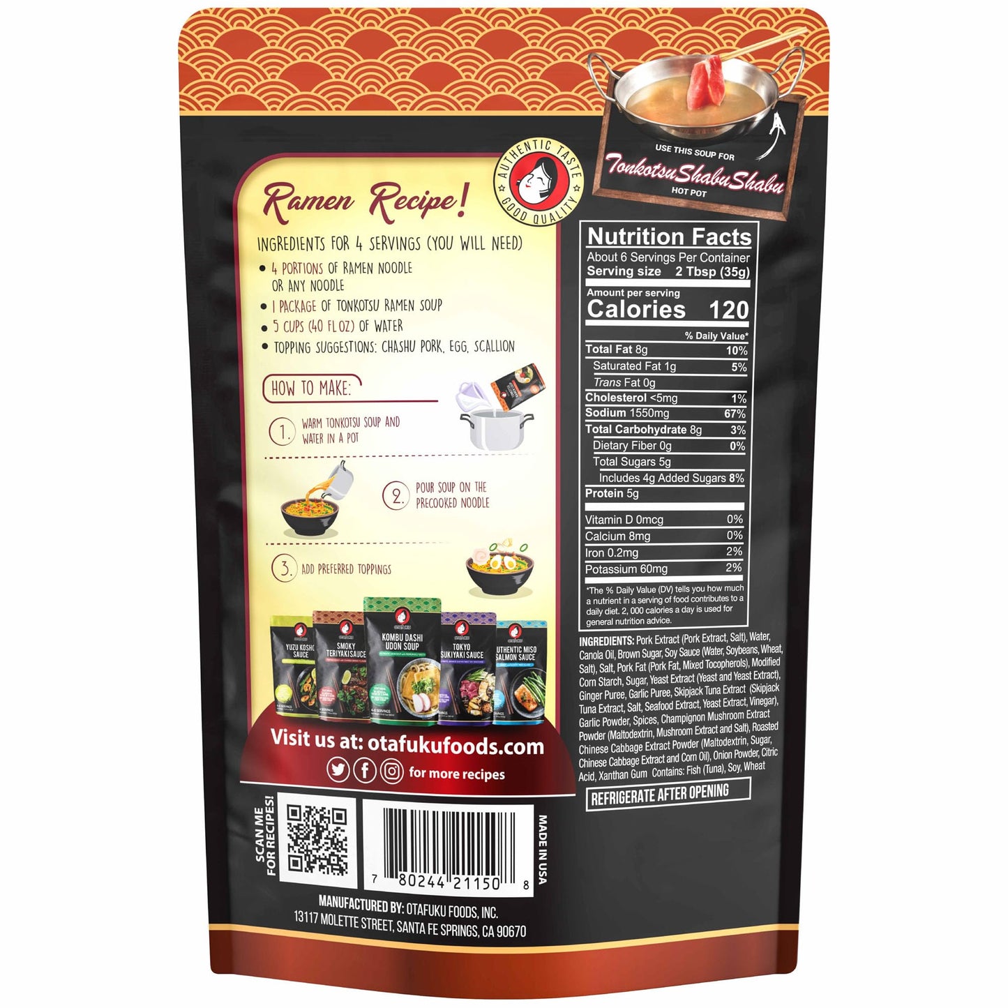 Otafuku Tonkotsu Ramen Shoyu Broth Concentrate, Rich Pork-Based Soup Mix for Authentic Japanese Ramen Noodles, 7.5oz (1 Pouch)