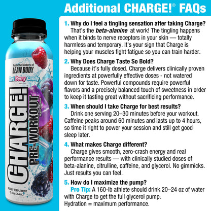 LABRADA Charge Pre Workout Tart Berry Candy RTD Drink – Pump, Energy, Endurance Formula with 10g Glycerol, 6g L-Citrulline Malate, 4g Beta Alanine, 300mg Caffeine, + Complete Hydration Support, 12 Serving