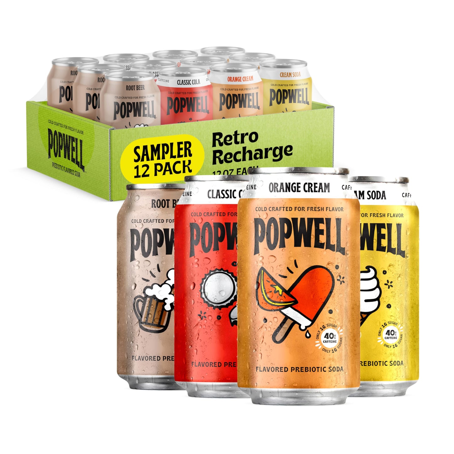 Popwell Retro Recharge Variety Pack Better-For-You Prebiotic Soda, with 6g Fiber, 1g Sugar, Vitamins and Immunity Support, 12 fl oz, 12 count (Root Beer, Classic Cola, Orange Cream, Cream Soda)