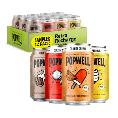 Popwell Retro Recharge Variety Pack Better-For-You Prebiotic Soda, with 6g Fiber, 1g Sugar, Vitamins and Immunity Support, 12 fl oz, 12 count (Root Beer, Classic Cola, Orange Cream, Cream Soda)