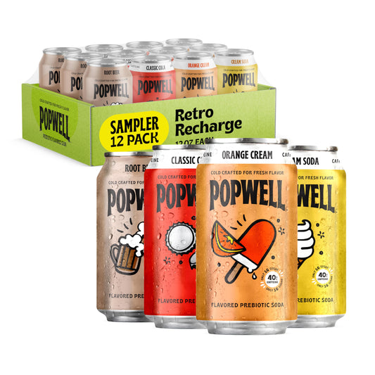 Popwell Retro Recharge Variety Pack Better-For-You Prebiotic Soda, with 6g Fiber, 1g Sugar, Vitamins and Immunity Support, 12 fl oz, 12 count (Root Beer, Classic Cola, Orange Cream, Cream Soda)