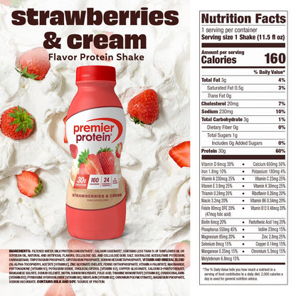 BUNDLE: Premier Protein Shake, Strawberries & Cream (12 Pack) + Bananas & Cream (12 Pack), 30g Protein, 11.5 Fl Oz (24 Shakes Total)