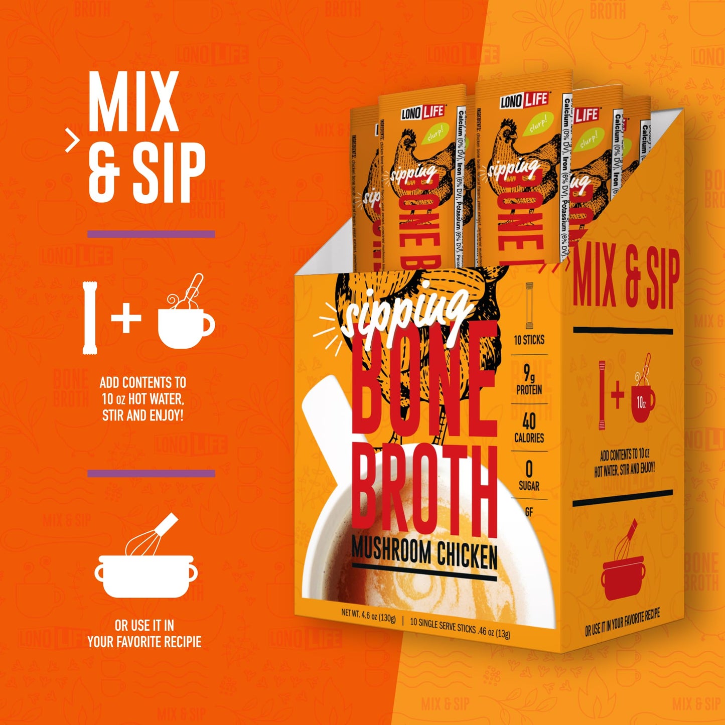 LonoLife Mushroom Chicken Bone Broth Powder Mix | 10g Protein | Collagen-Rich, Keto & Paleo Friendly | Natural Ingredients | 4 Portable Stick Pack Servings