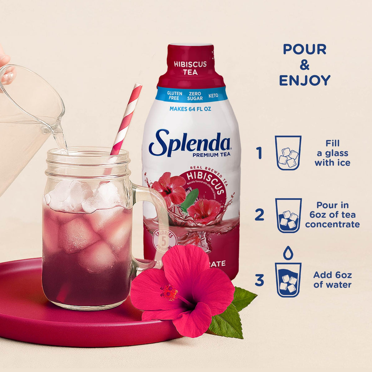 SPLENDA Premium Hibiscus Tea 1:1 Concentrate, Zero Sugar, Gluten Free, Real Brewed Tea, 32 Fl Oz