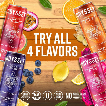 Odyssey Elixir Sparkling Adaptogen Drink, Low Calorie Drinks with L Theanine, Lions Mane, Cordyceps and Green Tea Caffeine for Energy and Focus, Non-GMO, Vegan,12 Fl oz, 4 Pack (Orange Ginger)