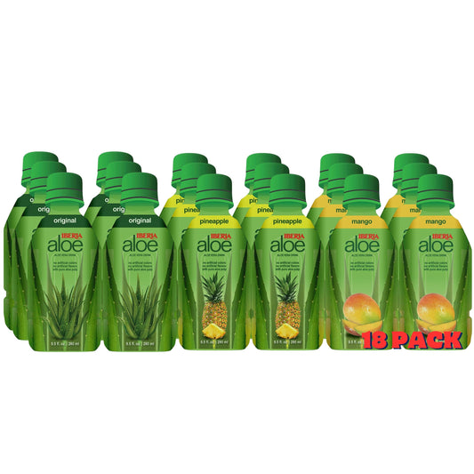 Iberia Aloe Vera Drinks With Pure Aloe Pulp, 9.5 fl. Oz. (Pack of 18) 6 x Original, 6 x Mango, 6 x Pineapple