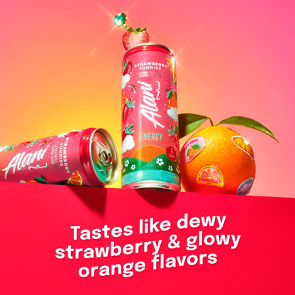 Alani Nu STRAWBERRY SUNRISE Sugar Free, Low Calorie Energy Drinks, 200mg Caffeine, Biotin B Vitamins, Zero Sugar, 10 Calories, 12 Fl Oz Cans, 24 Pack