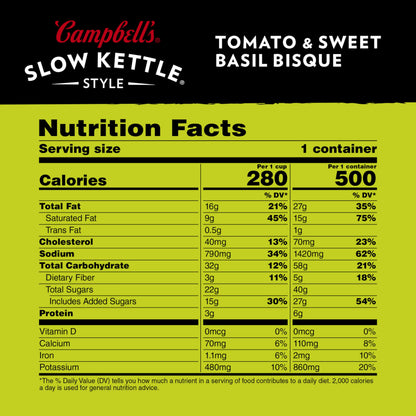 Campbell's Slow Kettle Style Tomato & Sweet Basil Bisque, 15.5 oz Microwavable Bowl (Pack of 8)
