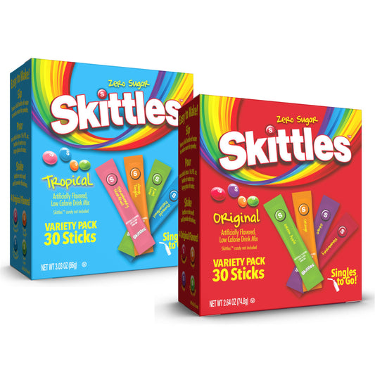 Skittles Singles To Go Tropical & Original Flavors Variety Pack, Watertok Powdered Drink Mix, Zero Sugar, Low Calorie, Includes 4 Tropical Flavors & 4 Original Flavors, (60 Single Servings)