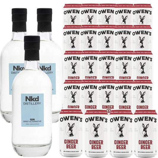 Nkd Distillery Gin Alternative Premium Non-Alcoholic Spirit 750 ML Bottles w Owen’s Mixers Ginger Beer 8.2 OZ Cans - Perfect for Mocktails - Made in USA