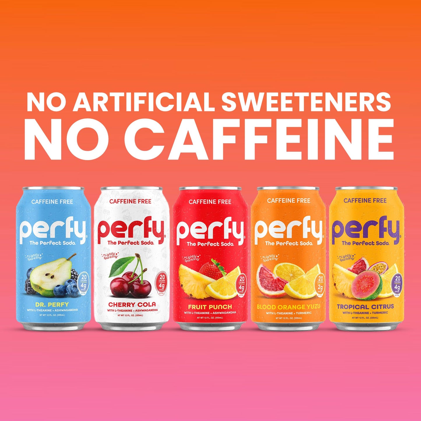 PERFY Caffeine Free Dr. Perfy Soda | Made With Real Fruit Juice - Low Sugar Nootropic Drink with L-Theanine + Ashwagandha | Calming Adaptogen Mocktail | Keto + GLP-1 Friendly | Sweetened with Stevia & Monk Fruit | (12-Pack Healthy Functional Soda...