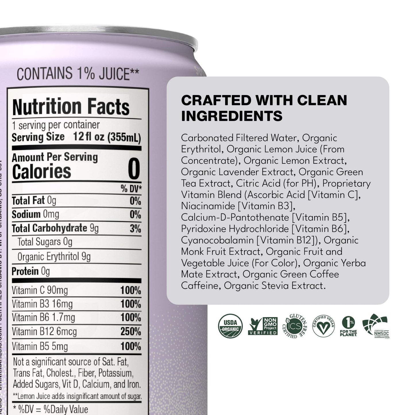 Marquis Natural Energy Drinks Sugar Free Zero Calories 100mg Organic Plant Based Caffeine Yerba Mate Green Tea & Green Coffee - Vitamin C & B - Lemon Lavender Healthy Energy Drink - 12oz Cans, 12 Pack