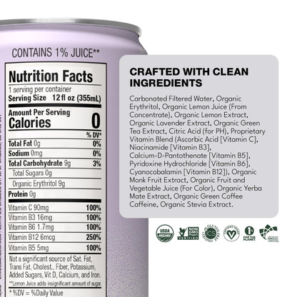 Marquis Natural Energy Drinks Sugar Free Zero Calories 100mg Organic Plant Based Caffeine Yerba Mate Green Tea & Green Coffee - Vitamin C & B - Lemon Lavender Healthy Energy Drink - 12oz Cans, 12 Pack