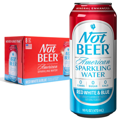 Not Beer American Sparkling Water, Red White & Blue, 99.9% Pure, Mineral & Electrolyte Blend, Carbonated Soda Water, Made in America, 16 Oz Tallboy Cans, 8 Pack