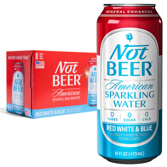 Not Beer American Sparkling Water, Red White & Blue, 99.9% Pure, Mineral & Electrolyte Blend, Carbonated Soda Water, Made in America, 16 Oz Tallboy Cans, 8 Pack