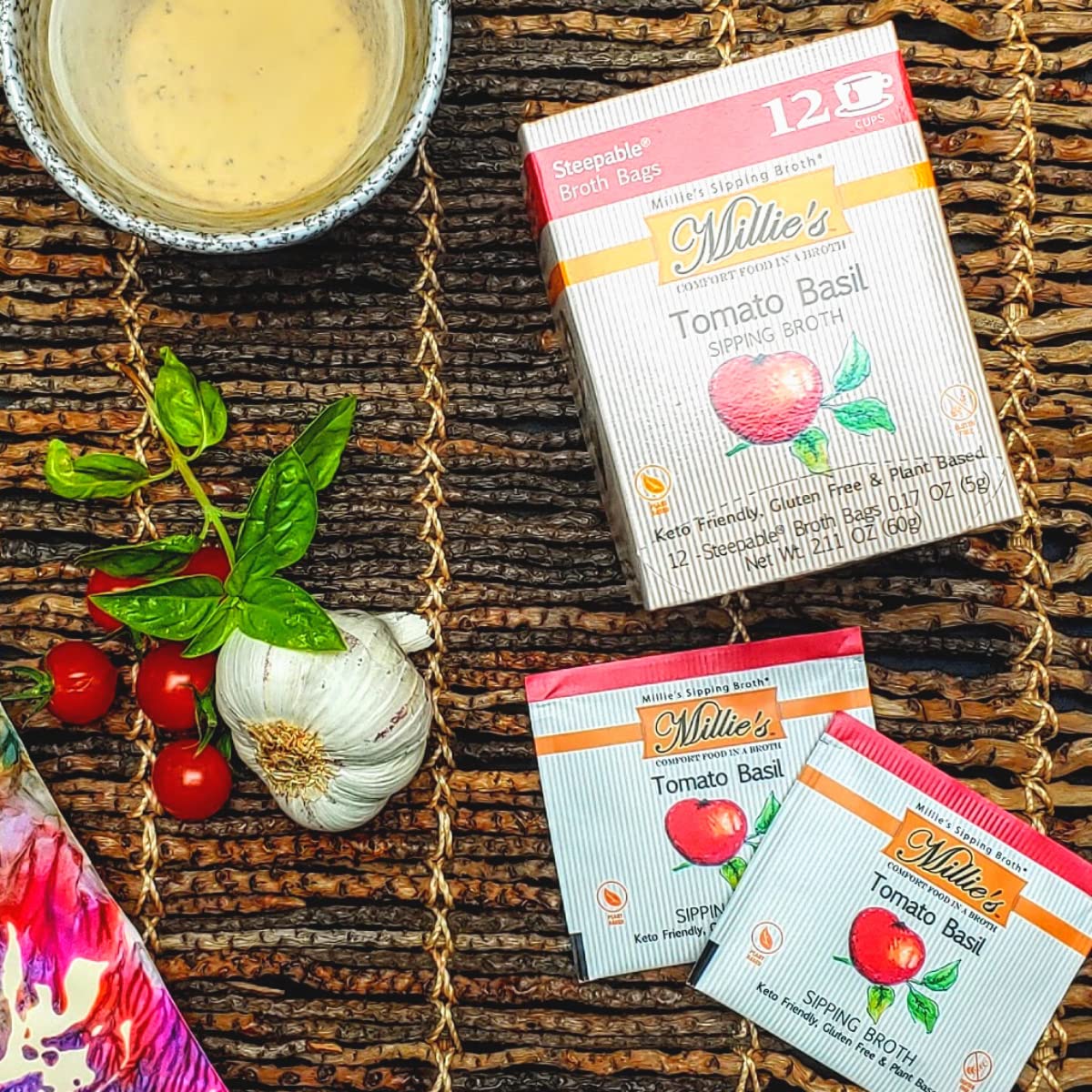MILLIE'S TOMATO BASIL SIPPING BROTH | Vegetable Broth with Savory Seasonings for Snack Urges | Vegan, Keto, Gluten Free, Intermittent Fasting, and natural | (6 Pack - 72 Broth Bags Total)