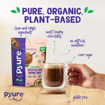 Pyure Organic Sugar Free Chocolate Drink Mix | Low Carb Chocolate Milk Powder with Cocoa | Keto, Vegan, Gluten-Free, Plant-Based | 1 Net Carb, Zero Sugar, Non-GMO, USDA Organic | 7.23 oz