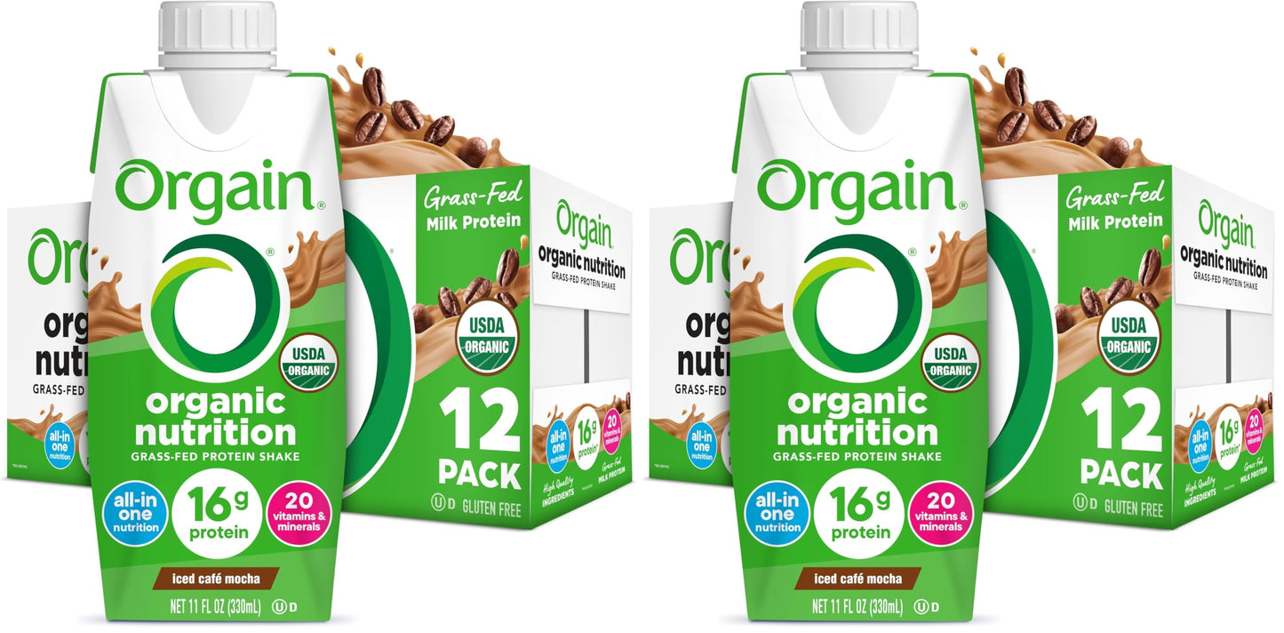 Orgain Organic Nutritional Protein Shake, Iced Café Mocha - 16g Grass Fed Whey Protein, Meal Replacement, 20 Vitamins & Minerals, Fruits & Vegetables, Gluten Free, Non-GMO, 11 Fl Oz (24 Pack)
