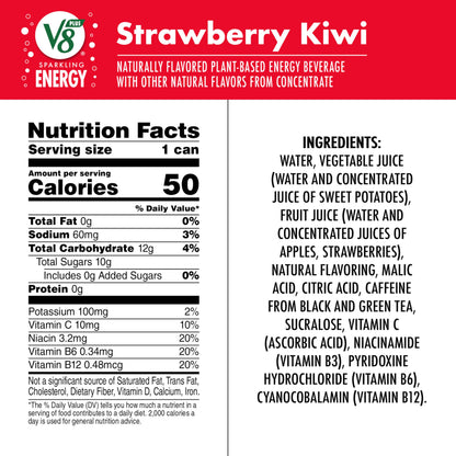 V8 +Energy Sparkling Strawberry Kiwi Juice Energy Drink, 11.5 fl oz Can (Pack of 4)