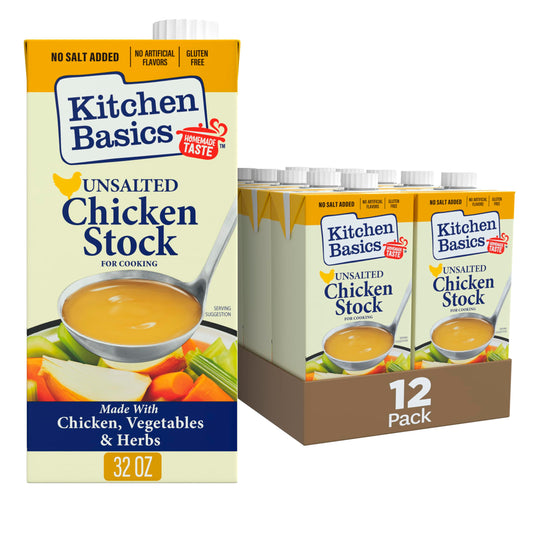 Kitchen Basics Unsalted Chicken Stock, 32 oz. Carton (Pack of 12) Add Delicious Flavor to Chicken Noodle Soup, Broths and Gravy, Perfect for Stocking Up